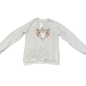 Western Holiday Graphic Sweatshirt Long Sleeve Bull Skull Beige L Christmas‎